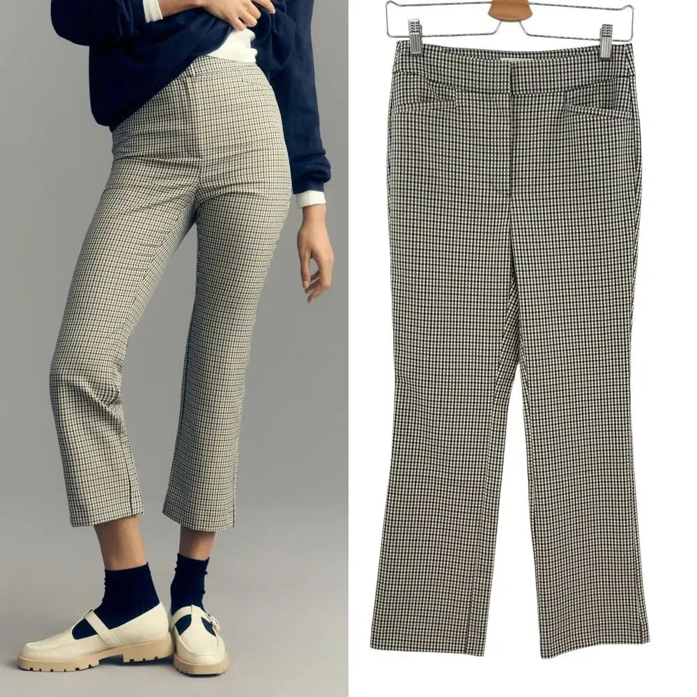 Anthropologie Maeve Plaid Crop Dress Pants Check Print Brown Navy Blue Size‎ 0
